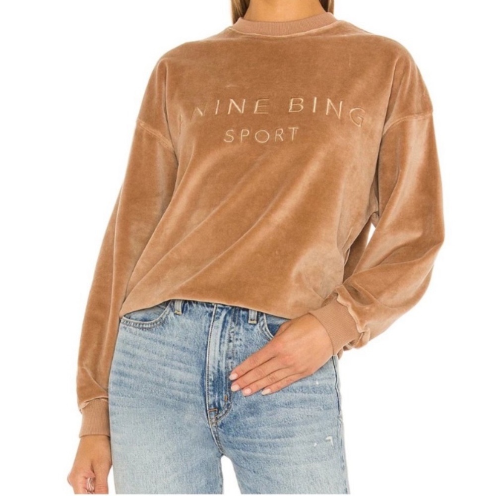 Anine Bing Sport Evan Crewneck Sweater Pullover Velvet Velour Ribbed Taupe XS